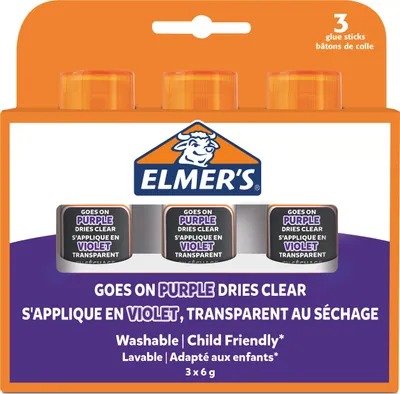 Produktbild von Elmer's lila Klebestift | trocknet klar | für den Schulbedarf & Bastelarbeiten | auswaschbar & kinderfreundlich | 6 g | 3 Stück