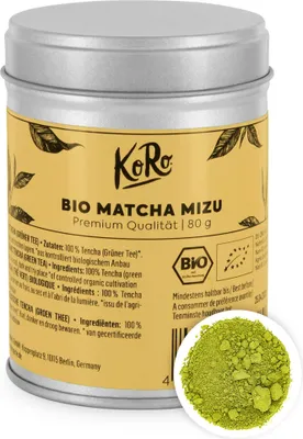 A tin of KoRo BIO MATCHA MIZU premium quality matcha powder, with a small inset showing the green powder.