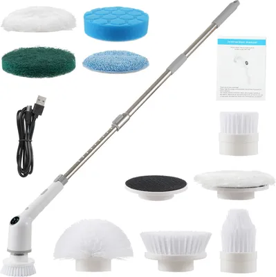 Produktbild von Elektrischer Spin Scrubber, kabellose Reinigungsbuerste, Duschreinigungsbuerste mit 8 austauschbaren Buerstenkoepfen, Power Scrubber, 3 einstellbare Geschwindigkeiten, verstellbarer und abnehmbarer langer Griff fuer Badezimmer-Bodenfliesen