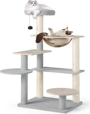 Image de Arbre à chat - Arbre à grimper - 5 niveaux - Bois - Troncs en sisal - Plateformes - Capsule en acrylique - Jouets suspendus - Gris