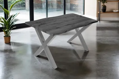 Produktbild von Esstisch 120x80 cm Baumkante Holz Grau-Optik X-Gestell Metall silber JOSY