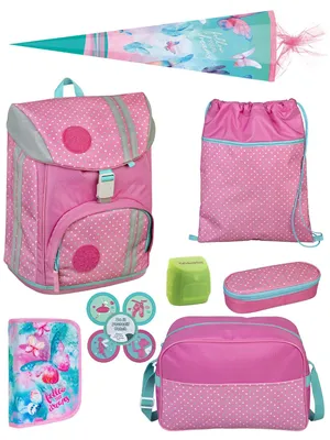 Produktbild von Mädchen Schulranzen 1. Klasse in Rosa 10tlg. Schultaschen Set mit Sporttasche und Schultüte / Zuckertüte mit Butterfly Schmetterlinge Motiv