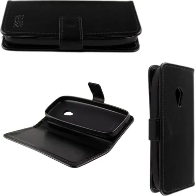 A black flip-style phone case is shown from multiple angles.