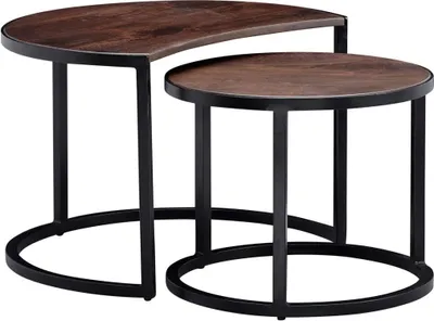 Produktbild von Couchtisch 2er Set Mango Massivholz / Metall Wohnzimmertisch Rund, Industrial Beistelltisch mit Metallbeine Schwarz, Tischset 2-teilig Satztisch Holz