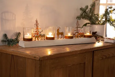 Produktbild von FRANK FLECHTWAREN Lichterboard Winterlandschaft, Teelichthalter, Weihnachten, Advent, Stimmungslicht, Winter, Hirsch, Tanne