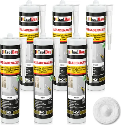 Produktbild von Isolbau Fassaden-Acryl - 6 x 300 ml Acryl-Dichtstoff mit Körnung zum Füllen von Rissen & Fugen im Innen- & Außenbereich - Weiß