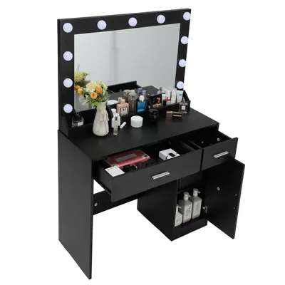 Produktbild von Schminktisch mit LED-Beleuchtung, einstellbare Helligkeit, mit Spiegel und 2 Schubladen und 1 Schrank,mit Steckdosen,Kosmetiktisch, Schwarz