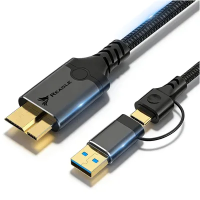 Produktbild von Festplattenkabel USB C USB A auf Micro USB B 3.2 10Gbps 1m Reagle 2 in 1 Schnelles Datenkabel Ladekabel für Externe Festplatte Kamera SSD Schwarz