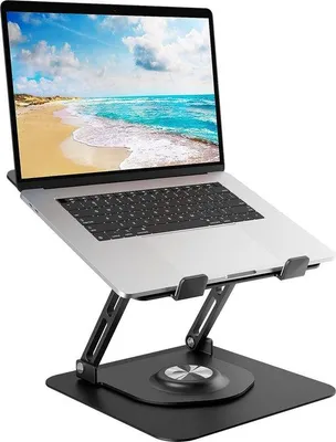 Produktbild von Laptophalterung mit 360° drehbarer runde Basis, in Höhe verstellbare ergonomische Laptophalterung, gelüftete Computerhalterung, faltsicherer stabiler Laptophalter aus Aluminium für den Schreibtisch