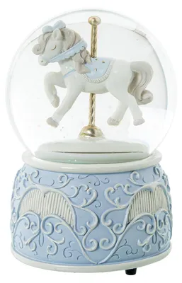 Schneekugel mit Pferdefigur, Kunstharz, 10x10x15,5 cm, blau/weiß