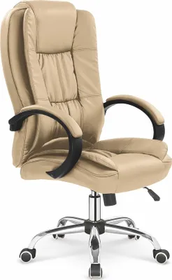 A beige office chair with armrests and a chrome base with wheels, shown against a white background.