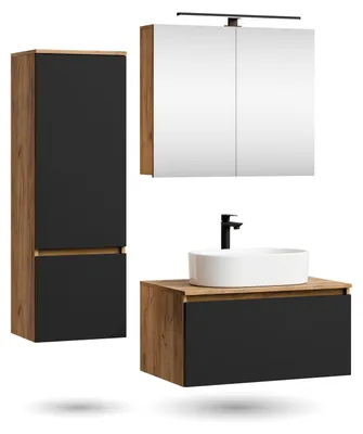 Produktbild von ARISA Badmöbel Set inkl. Hochschrank in Schwarz - Mit Spiegelschrank "ARIA" und weißem Keramik-Aufsatzwaschbecken 55 cm