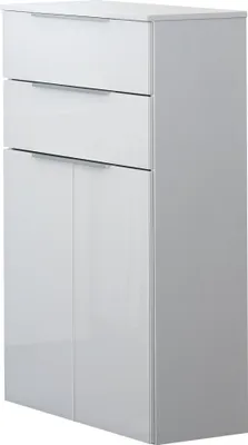A white cabinet with drawers and doors, shown from a side angle against a white background.