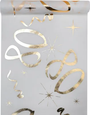A roll of white and gold table runner with '80' and starburst designs.
