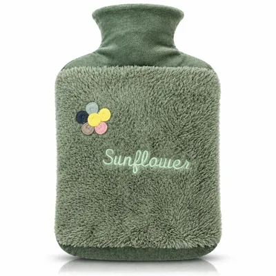 Produktbild von Wärmflasche 2.0L mit Deckel und Kuschelweichem Fellbezug, Kängurutasche - Auslaufsicher, Bettflasche mit weichem Abnehmbarem Bezug (grün)