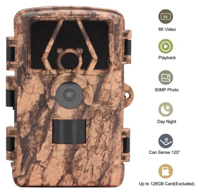 Image de Caméra de chasse IP66 étanche, 4K, 60 MP, déclenchement en 0,2 s, grand angle de 120°, LED infrarouges de 940 nm, avec écran de 2 pouces, pour l'observation de la faune sauvage