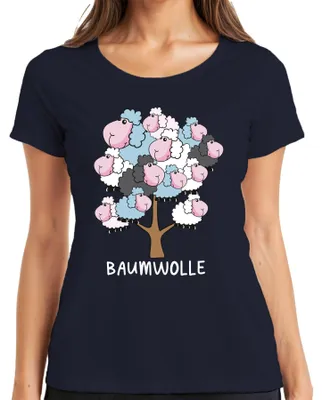 Produktbild von Baumwolle Schafbaum Cartoon Baumwollbaum Schafe Bauernhof Humor Damen T-Shirt, Navy, S