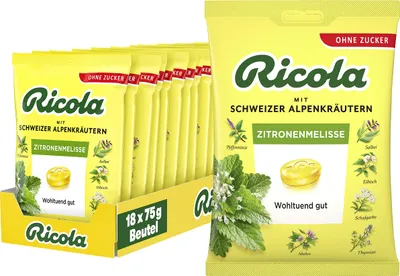 Produktbild von Ricola Zitronenmelisse, 18 Beutel Schweizer Kräuter-Bonbons mit 13 Alpenkräutern & erfrischendem Zitronen-Geschmack, zuckerfrei, 18 x 75g, vegan