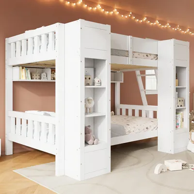 Produktbild von okwish Jugendbett 90×200 mit 2 Frontschränken, Etagenbett mit Sicherheitsgeländer, Doppelbett in Weiß, ohne Matratze