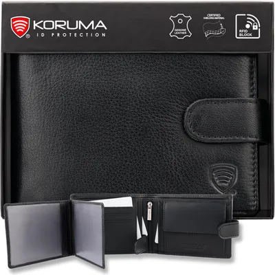 Produktbild von Geldbörse Herren RFID Echtleder Schwarz – kleiner Portemonnaie mit Münzfach & Kartenfächern – RFID Schutz. SM-905GBL / Koruma
