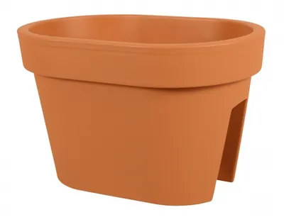 A terracotta-colored balcony planter pot is shown against a white background.