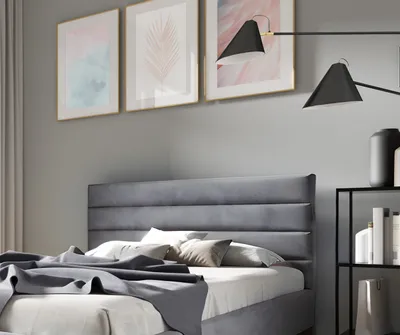 Produktbild von GUTTO Polsterbett Grau aus Velour 180 x 200 cm Schwarze Metallfüße Bett aus Samt - Doppelbett mit schöner Steppung und besonderem Design