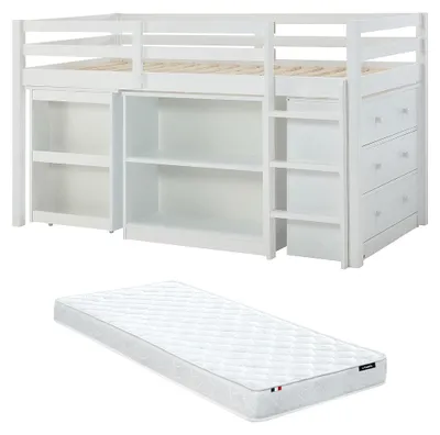 Produktbild von Etagenbett 90 x 190 cm mit Kommode und ausziehbarem Schreibtisch - Kiefernholz und MDF - Weiß + Matratze - ABRENO