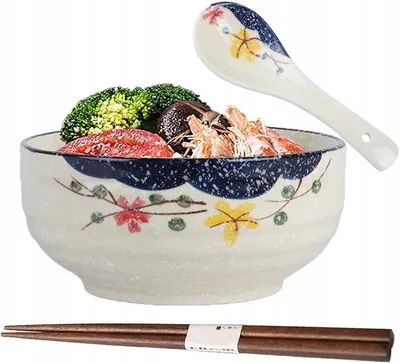 Produktbild von Japanische Keramikschüssel für Ramen, Suppe mit Löffel & Stäbchen