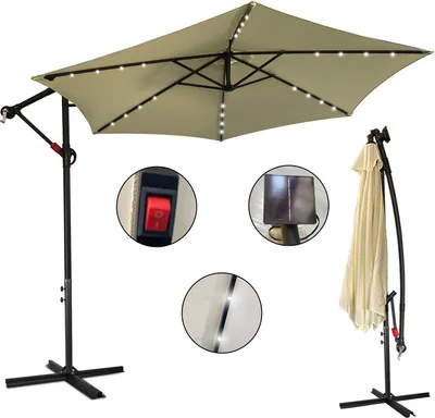 Produktbild von Yakimz Sonnenschirm Beige LED Solar Ø350cm Ampelschirm Gartenschirm Marktschirm Kurbel Balkon Alu Neigbar