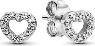 A pair of silver heart-shaped stud earrings with clear gemstones, shown against a white background.