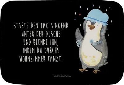 Produktbild von Mr. & Mrs. Panda Badteppich Pinguin Duschen - Schwarz - Geschenk, Badematte, duschmatte, Singen, Badezimmerteppich, Badvorleger, Dusche, Duschkonzert, Lebensmotto, Baden