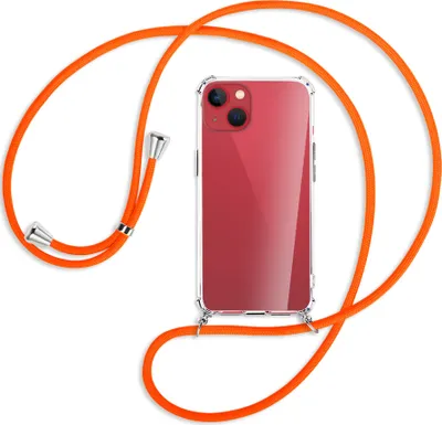 Produktbild von Handykette Backcover-Schutzhülle mit Band (Metall silberfarben) für Apple iPhone 13 - neonorange