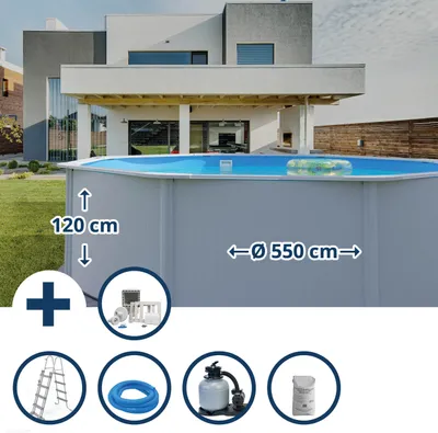 Produktbild von Stahlwandpool Set (7-teilig) hoch rund 550 x 120 cm, Stahl 0,4 mm weiß Folie 0,3 mm blau
