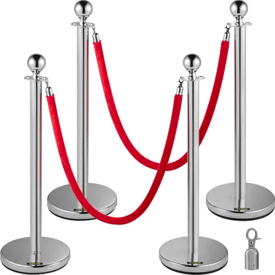 Produktbild von VEVOR Edelstahl Absperrpfosten Seil Abgrenzungsständer Kugelkopf 2 Rote Samtseile Silberne Säule 4 Packung Crowd Control Barriers