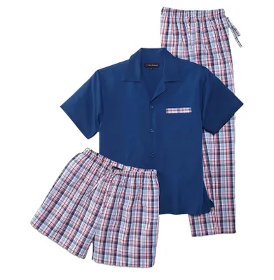 Produktbild von Rick Armand Herren Sommer Pyjama 3-teilig Shorty Lang Hose Reverskragen Karo Gr. M