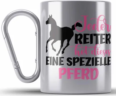 Produktbild von Trendation - Pferde Reiter Mädchen Geschenk Edelstahl Tasse Karabiner Reiten Reiterin Kinder Becher Spruch Lustig Geburtstag (Silber)