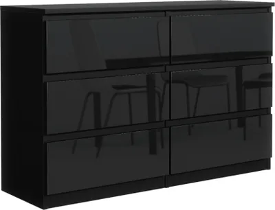 A black dresser with six drawers is shown against a white background. The drawers have a high-gloss finish.
