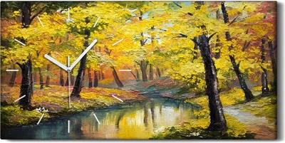 Produktbild von Wanduhr Uhr Wandbild Leinwand Geräuschlos 60x30 Landschaft Baum Herbst See - weiße Hände