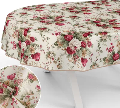 Produktbild von Tischdecke Blumenstrauß mit Blumen Botanik aus Stoff Tischwäsche mit Beschichtung Tischtuch Barock Beige Oval Breite 140cm Länge 200cm mit Paspelband
