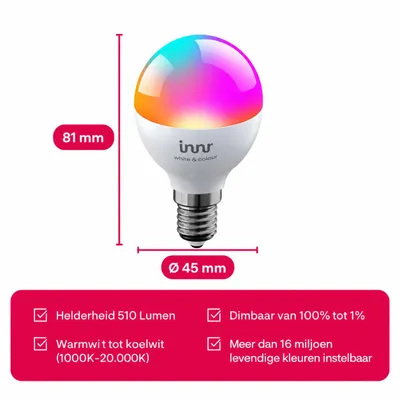 Productafbeelding van Innr Zigbee slimme lamp E14 mini, werkt met Hue* en Alexa (brug vereist), wit en kleur, 16 miljoen kleuren, 510 lumen, 2 stuks