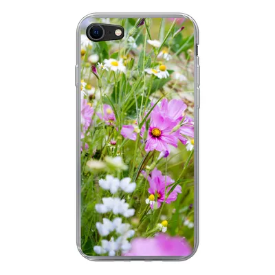 Produktbild von MuchoWow® Handyhülle Schutzhülle Hülle für iPhone SE 2020 Blumen - Natur - Grün - Gras - Lila - Weiß Silikon Softcase Handy Hülle - Kartenbesitzer