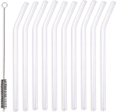 Produktbild von Schramm® 10 Stück Glas Strohhalme gebogen transparent mit Reinigungsbürste wiederverwendbar Trinkhalme Glasstrohhalm