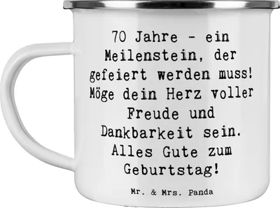 Produktbild von Mr. & Mrs. Panda Teetasse Spruch 70. Geburtstag Meilenstein - Weiß - Geschenk, Emaille Tasse, Teebecher, unvergessliches Erlebnis, Freude, Geburtstagsgeschenk, Pott