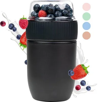 Produktbild von DigiRigi® Coninx Joghurtbecher To‑Go 640 ml (450+190 ml) – zweiteilig, 100% auslaufsicher, doppelwandig, BPA‑frei, gefrierfest, Schwarz
