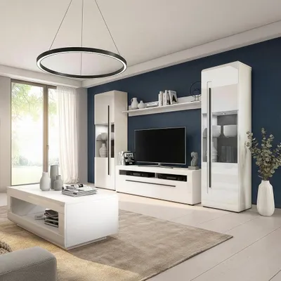 Produktbild von Wohnzimmer Set 5-teilig in Weiß Hochglanz mit Couchtisch & Wohnwand inkl. LED Beleuchtung, Metallgriffe - TURDA-83