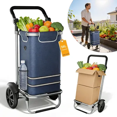 Obrázok produktu pre Skladací nákupný vozík LZQ 56 l, 3 v 1 – prepravný vozík, ručný vozík a taška cez rameno, modrý