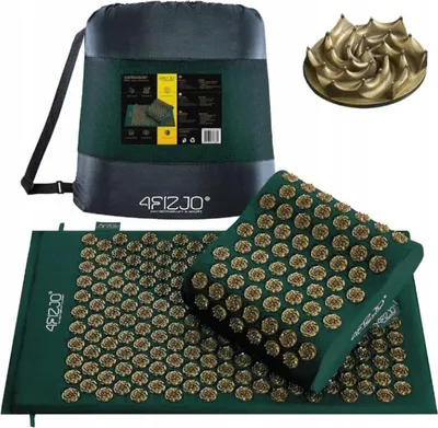 A set of acupressure mats and a pillow, along with a carrying bag and a separate accessory, are displayed against a white background.