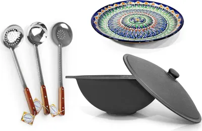 Produktbild von 16 L Kazan Uzbekisch Gusseisen Schaumlöffel Plov Kochtopf WOK Kasan Lagan Казан