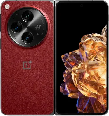 A red OnePlus Open smartphone is shown from the back and side, with the screen displaying a colorful abstract image.