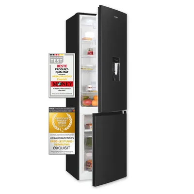 A black refrigerator with its doors open, displaying its interior and some awards attached to the front.